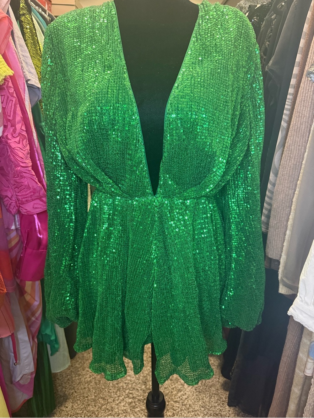 PrettyLittleThing Emerald Sequin Plunge Long Sleeve Romper